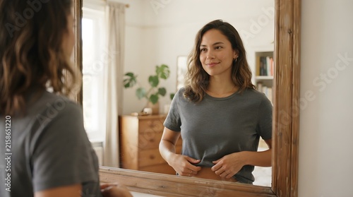 Smiling woman looking at her reflection in a large wooden mirror inside a bright home bedroom