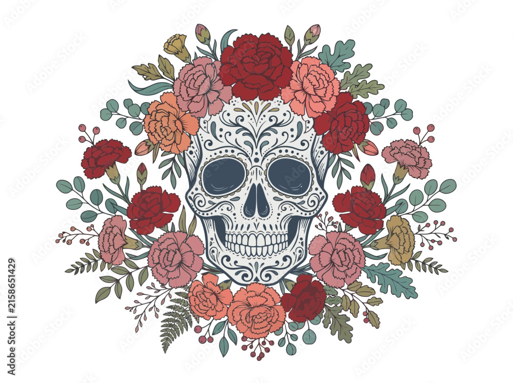 Fototapeta premium Intricate sugar skull illustration surrounded by a vibrant floral wreath of red and pink flowers.