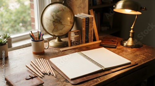 Wooden desk with an open notebook, globe, lamp, and pencils in a cozy study room setting