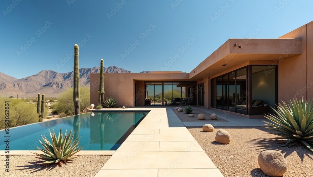 Fototapeta premium Southwestern desert modern villa, terracotta stucco walls, floor‑to‑ceiling glass windows, infinity swimming pool, saguaro cacti and agave plants, gravel landscaping with boulders, stone walkway, rugg