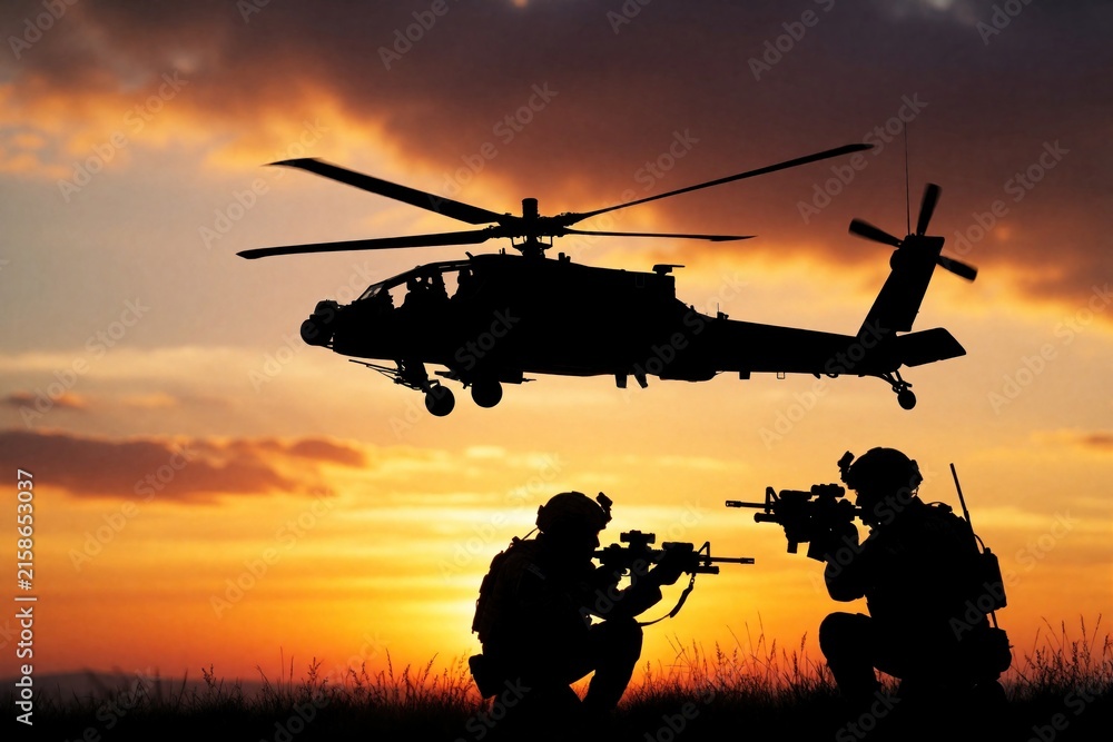 Obraz premium Soldiers with rifles crouch in silhouette against a dramatic sunset. Military helicopter flies overhead during dusk. A scene of armed forces and air power.