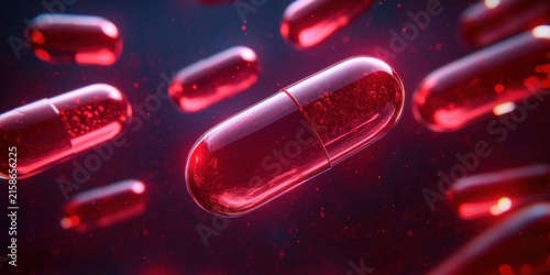 glossy red translucent capsules floating in dark space with visible interior particles and reflective surfaces, evoking a dramatic urgent futuristic clinical mood