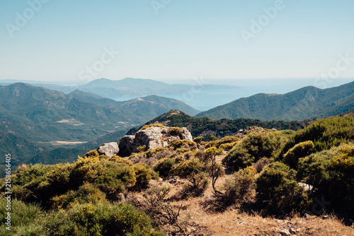 View on the coastline of the Mediterranean from the mountains in Corsica