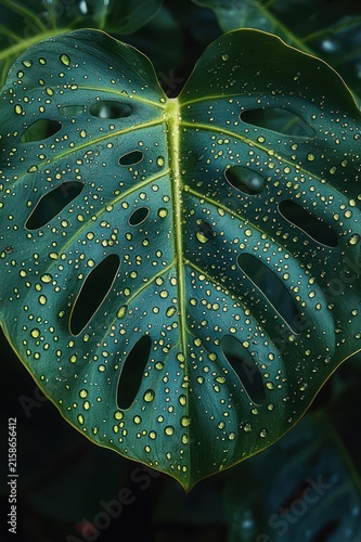 Heart-shaped perforated tropical leaf with glossy deep-green surface, central vein and scattered golden droplets, serene fresh close-up