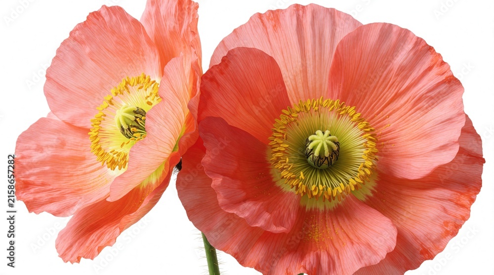 Fototapeta premium Two coral pink poppy flowers bloom with detailed petals, yellow stamens. Macro view of delicate spring blossoms isolated on white background. Beautiful floral botanical element for garden design
