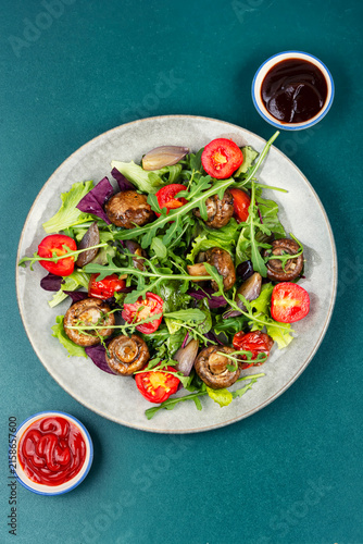 Green Salad with Fried Mushrooms. Flat lay.