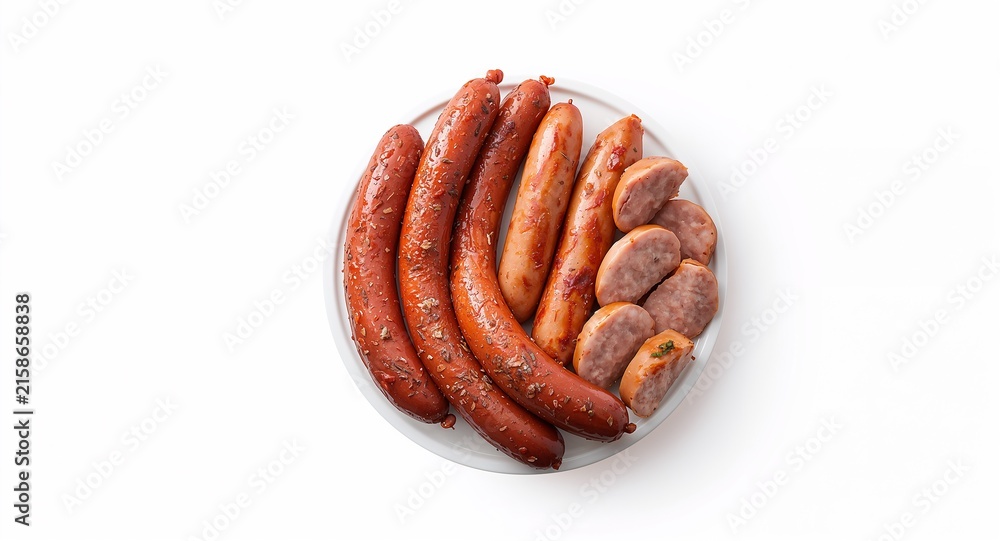 Fototapeta premium Clean minimalist photograph of artisanal sausage varieties including smoked kielbasa and herbed � Food Photography for Restaurant, Culinary and Dining Concept