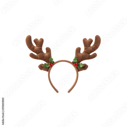 Brown plush reindeer antlers headband with holly berries