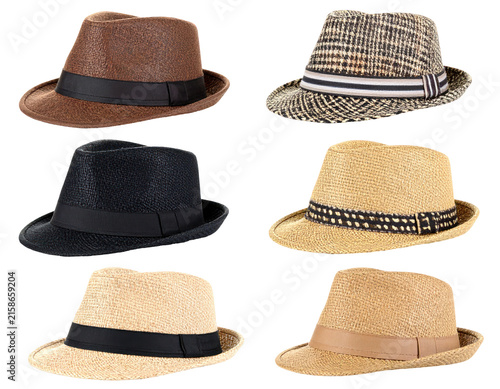 Collection Of Six Stylish Fedora Hats With Varied Textures and Colored Bands on Transparent Background