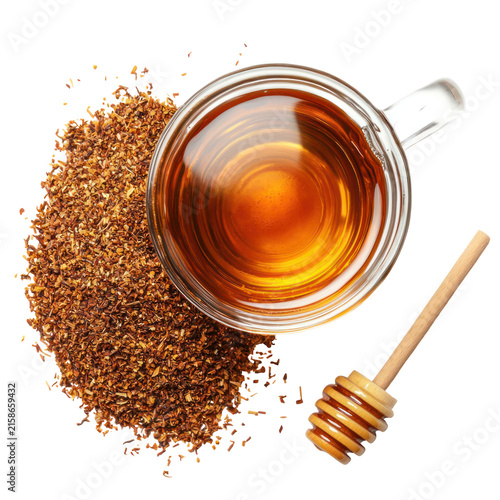 Overhead View Of A Tea Cup With Tea Leaves And A Wooden Honey Dipper On A Transparent Background