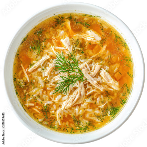 Delicious Chicken Rice Soup in a White Bowl with Fresh Herbs against a Transparent Background