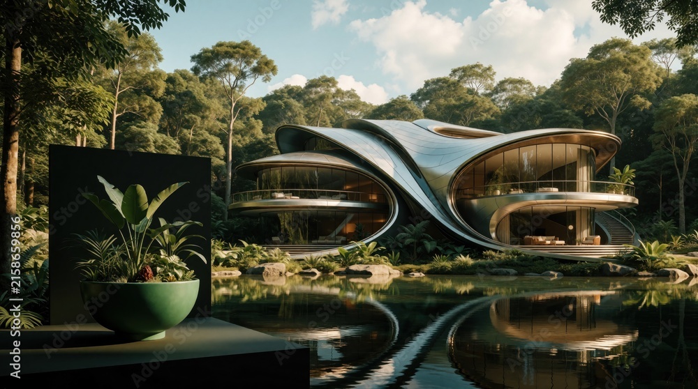 Fototapeta premium Modern luxury villa with organic architecture shape sits by forest lake. Futuristic house design features glass walls, curved metal structure. Tropical plants, green bowl decorate minimalist outdoor