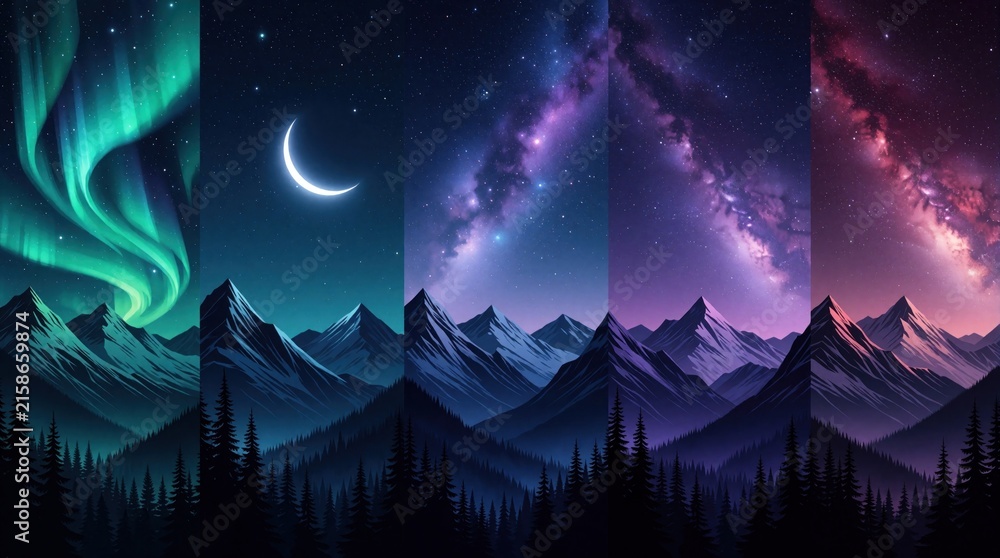 Fototapeta premium Mountain ranges under night skies display aurora, crescent moon, and milky way galaxy. A serene, cold, and colorful digital painting of nature.
