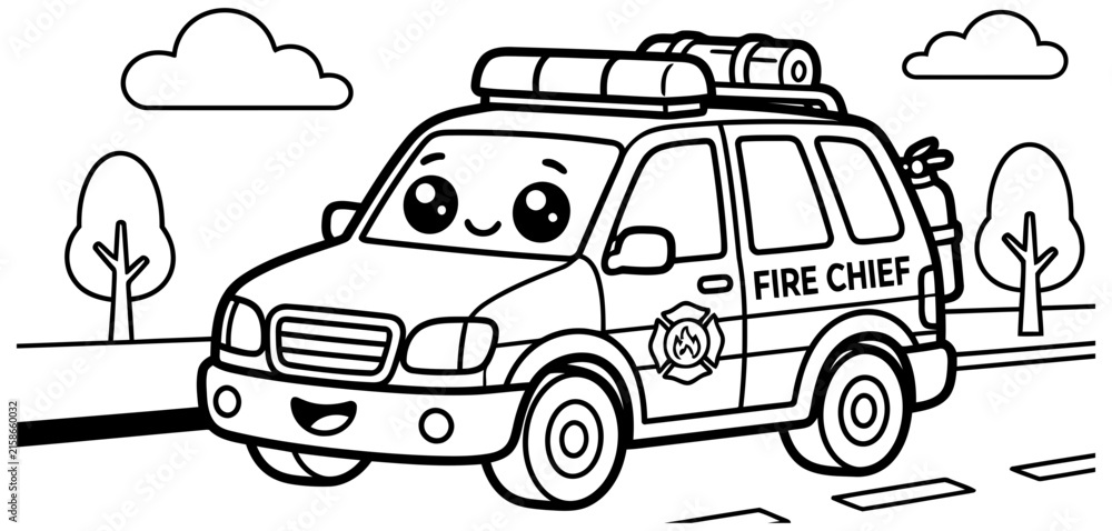 Naklejka premium Cute cartoon fire chief truck driving on the road vector coloring page sketch for kids activity book.