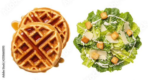 Golden Brown Waffles Drizzled With Syrup Beside Fresh Green Salad with Croutons and Cheese on Transparent Background