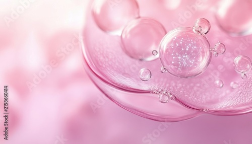 translucent pink bubbles and droplets on a glossy liquid surface with a delicate molecular network inside, soft and serene