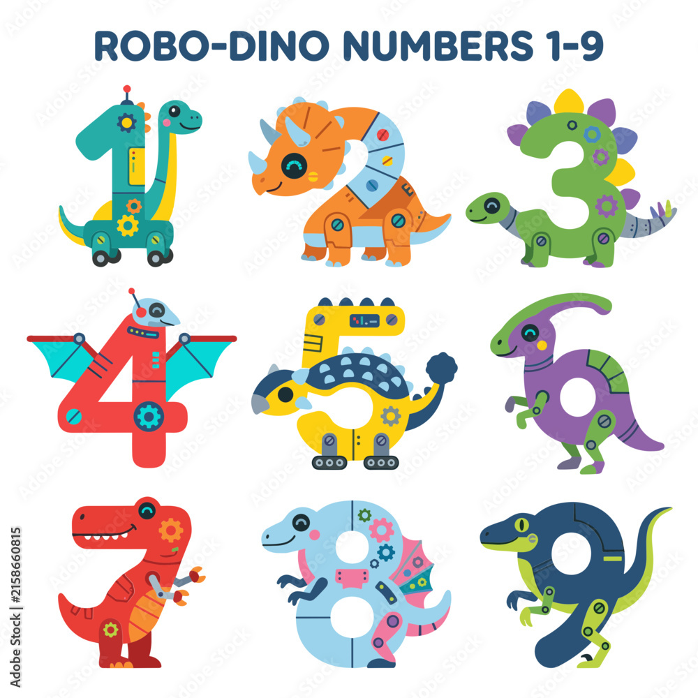Fototapeta premium Robotic dinosaur animals numbers set from one to nine
