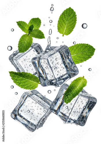 Transparent Ice Cubes with Fresh Green Mint Leaves and Water Drops on a Transparent Background
