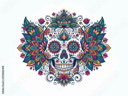 Colorful sugar skull illustration with intricate floral patterns and mandala style elements.