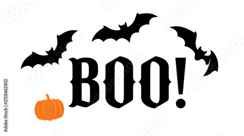 Halloween bats flying over bold Boo text with pumpkin for spooky holiday design.
