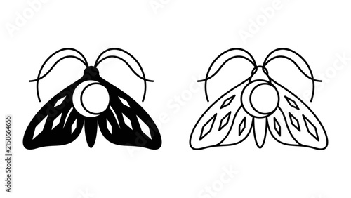 Moth Moon Icon: A stylized moth illustration, symbolizing lunar cycles and nocturnal beauty, presented in both solid black and outline versions for versatile design use.