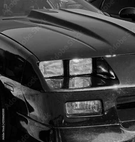 Classic Sports Car Front With Hood Scoop And Headlights