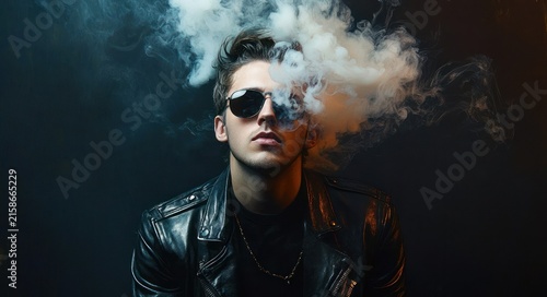 young person in black leather jacket with chain necklace, face obscured by swirling smoke under dramatic blue and orange lighting, moody and mysterious atmosphere