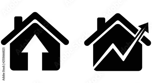 House with upward arrow and growth chart icons black silhouette on white