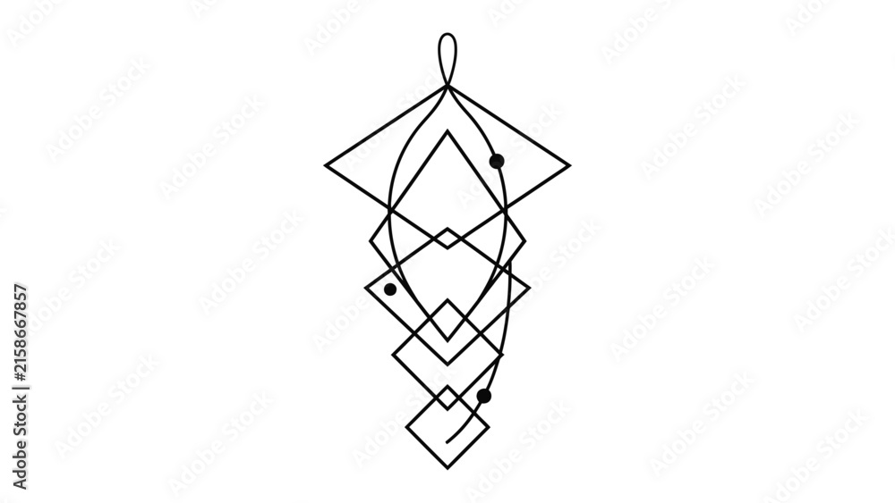 Obraz premium Abstract Geometric Mobile Design: A delicate line art illustration depicts a mobile-like structure composed of interconnected rhombuses and ellipses, featuring small dots as accents.