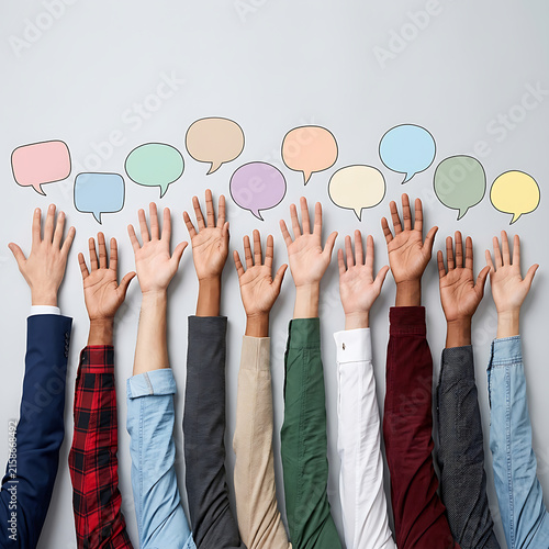 Diverse raised hands with open palms reaching for blank colorful speech bubbles on light grey surface.