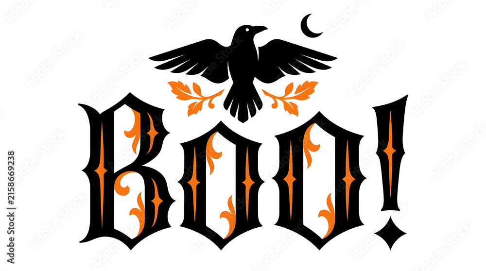 Naklejka premium Spooky halloween typography featuring a raven and the word 'boo ' in a decorative style
