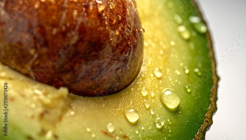 Macro shot of a fresh ripe avocado half with a large brown pit and glistening water droplets on green flesh