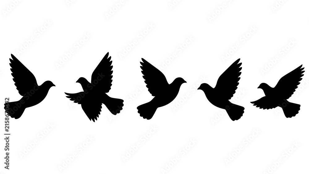 Fototapeta premium Set of Five Black Silhouette Doves Flying in Line Modern Minimalist Vector Icons for Peace Symbols, Logo Design, Posters, and Branding
