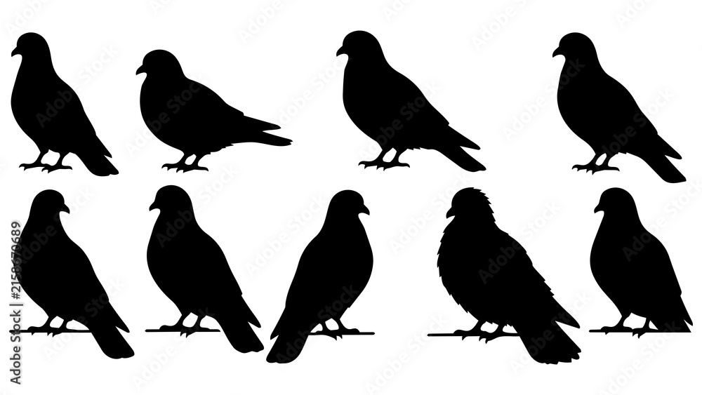 Obraz premium Set of Ten Black Silhouette Pigeon Birds in Various Standing Poses for Design, Illustration, and Vector Art Projects