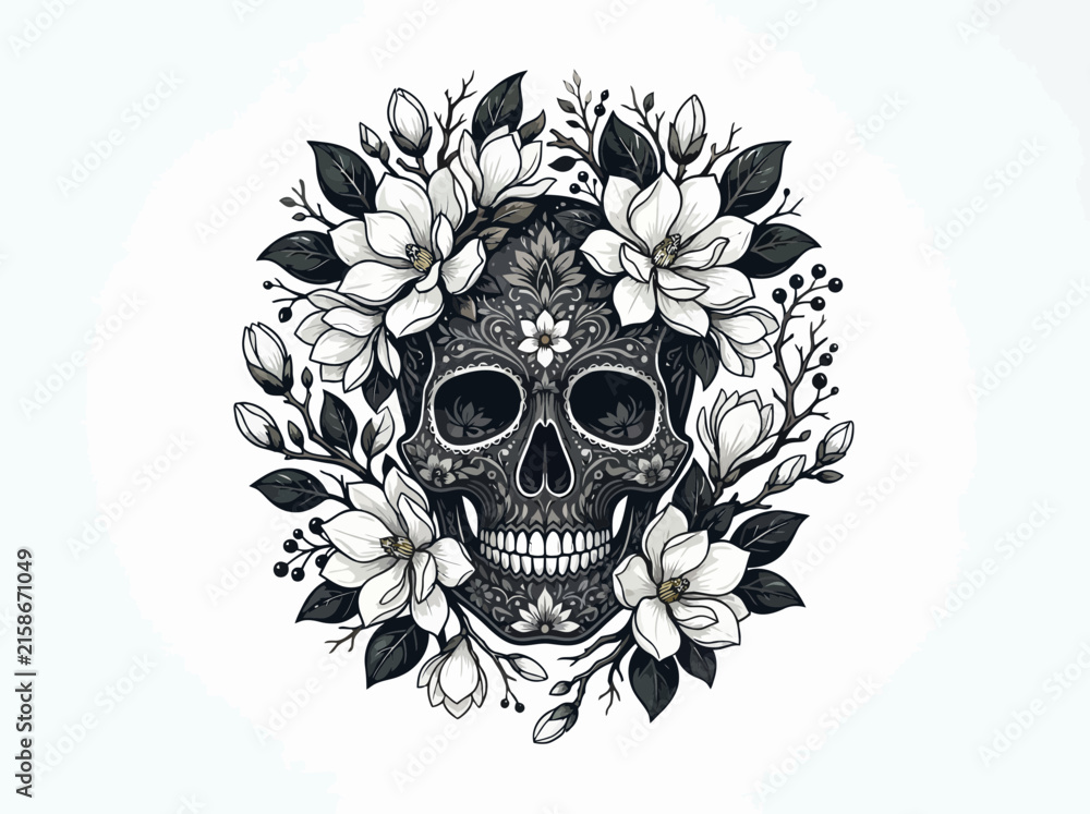 Fototapeta premium Intricate black and white illustration of a decorated sugar skull surrounded by blooming magnolia flowers.