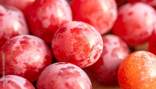 Close-up of fresh and juicy ripe red plums stacked together, creating a vibrant fruit background