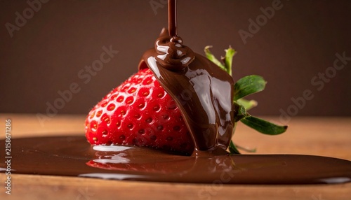 Fresh Red Strawberry Being Coated in Rich Melted Dark Chocolate Sauce for a Decadent Dessert Treat