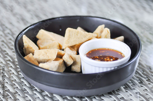 fried tofu with dip or bean cake, bean curd