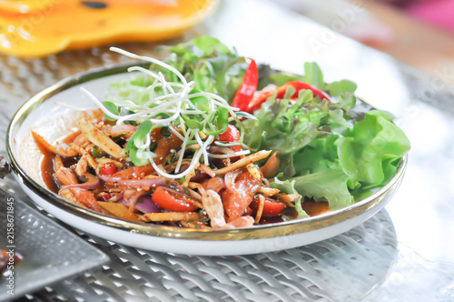 salmon salad, spicy salmon salad or spicy salad or spicy seafood salad with cashew and sunflower sprout