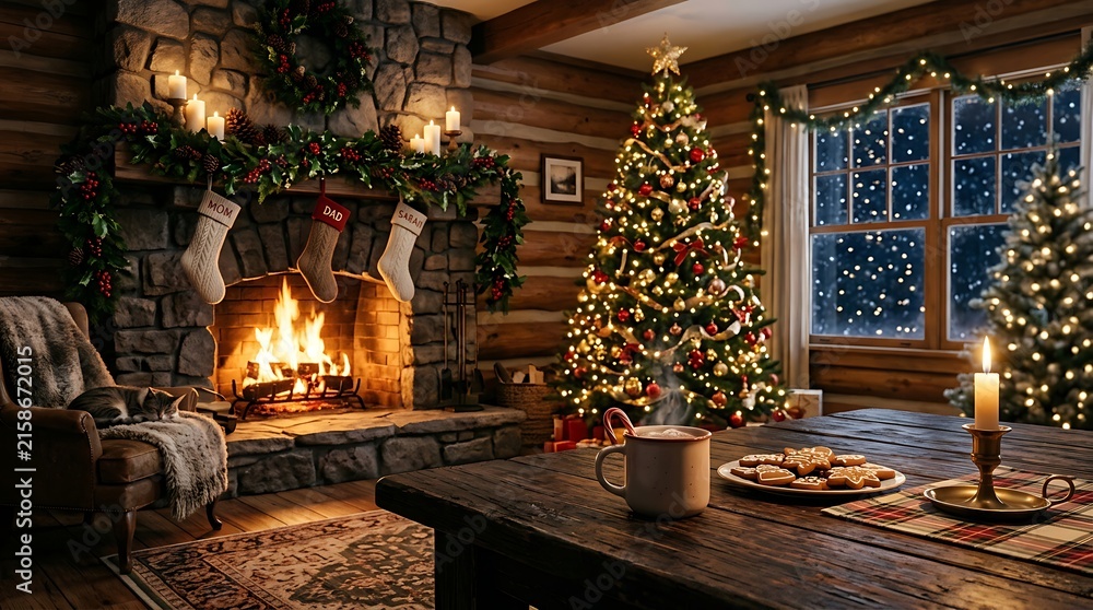 Obraz premium Cozy christmas living room with a decorated tree, fireplace, stockings, and cookies on a wooden table in a rustic log cabin setting