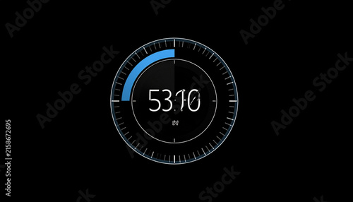 Futuristic Digital Timer Countdown Clock Interface with Blue Segment and Digital Numbers 53:10 on Black Background