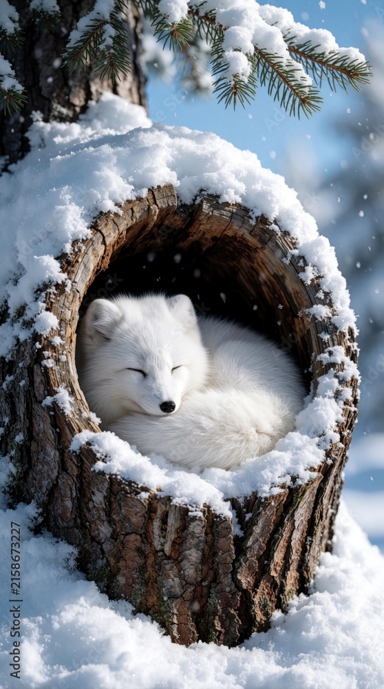 Naklejka premium Arctic fox slepic in a snow covered tree hollow during cold winter day. White fur animal rests peacefully in natural snowy habitat, camouflaged against white landscape, safe from frost.