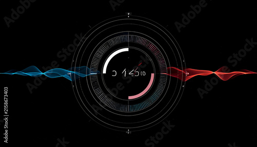 Futuristic Digital Interface with Oscillating Blue and Red Waves and a Central Countdown Timer Displaying 014510