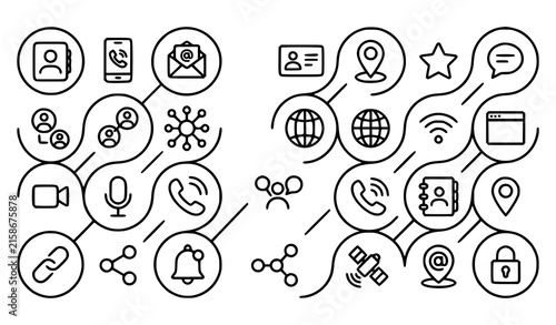 Bild auf Leinwand Internet media and contact outline icon collection with communication phone emai