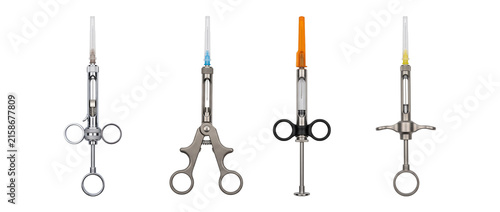 Dental syringe anesthesia syringe medical equipment set of stainless steel aspirating syringes for local injection in dentistry, isolated on a clean white background for clinical healthcare design.