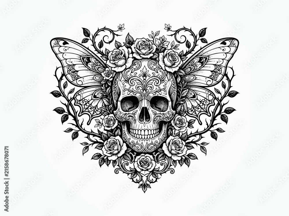 Obraz premium Intricate black and white illustration of a skull adorned with butterfly wings and roses.