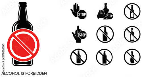 Fotografie Alcohol prohibition icons and bottle with red circle slash on white background
