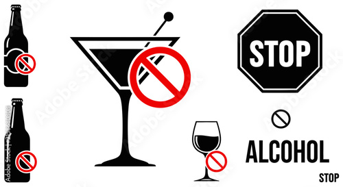 Foto Alcohol Prohibition Symbols In Black Silhouette Style On White Background