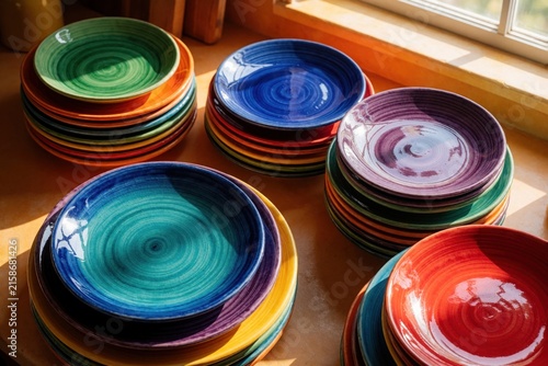 Stacks of colorful ceramic plates in various bright hues like green, blue, purple, and red are arranged on a kitchen counter. Sunlight streams in from a window, creating warm highlights and shadows.