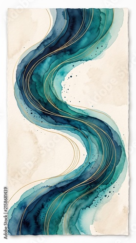 Abstract Vertical Teal and Blue Alcohol Ink Painting with Gold Waves on Beige Background